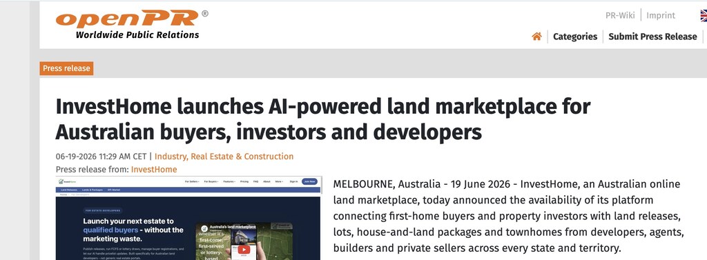 OpenPR coverage of InvestHome's launch