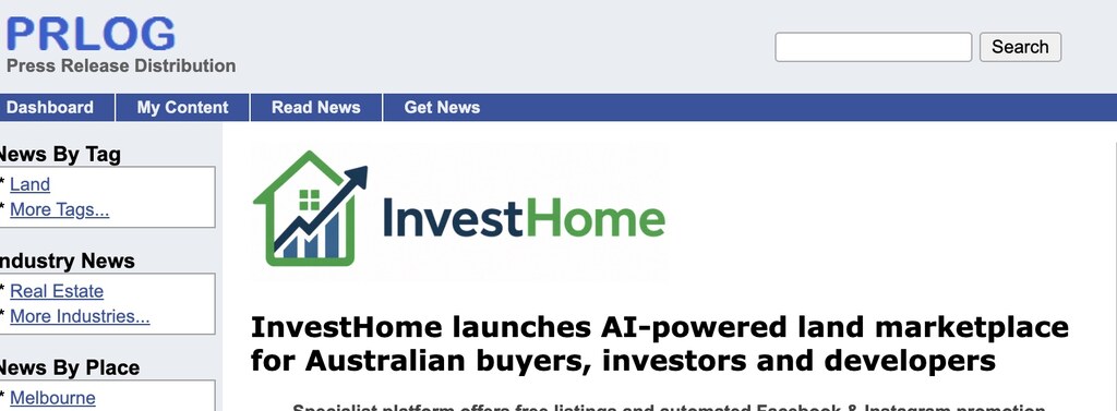 PRLog coverage of InvestHome's launch